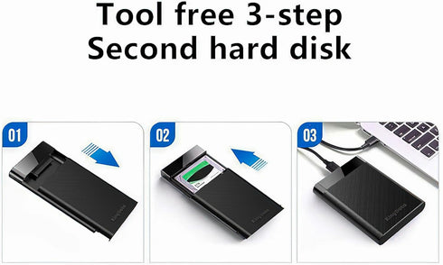 SSD HDD Hard Drive Enclosure, 2.5" SATA III USB 3.1 Caddy Case for Fast Data Transfer, Tool-Free, Black