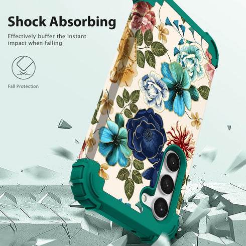 Hocase for Galaxy S24 Case, Shockproof Heavy Duty Protection Hybrid Case for Samsung Galaxy S24 5G - Teal Flowers