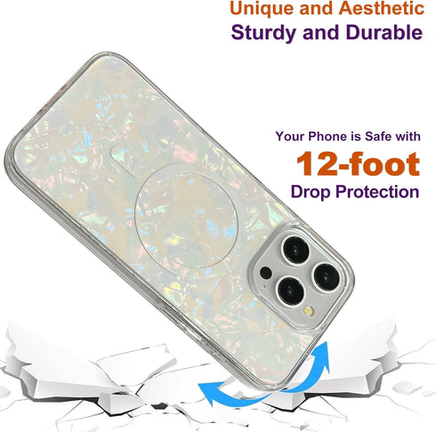 iPhone 15 Pro Case Compatible with MagSafe, Cute Magnetic Hard Back Shockproof Phone Case - White Pearl Tort