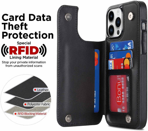 iPhone 13 Pro Max Wallet Case with Card Holder, 360° Rotation Ring Kickstand, Leather Protective Case, Black
