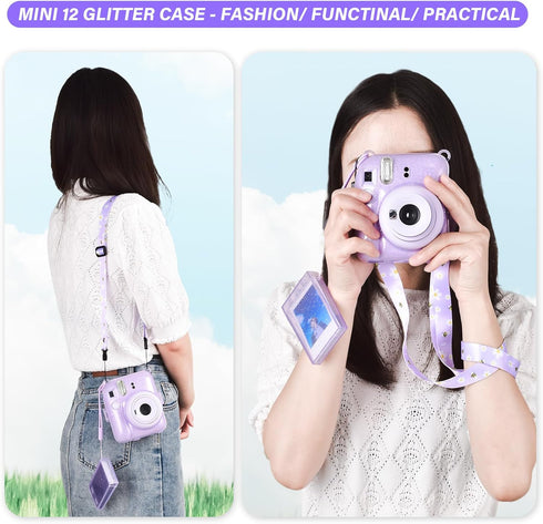Glitter Clear Case for Fujifilm/Polaroid Instax Mini 12 Instant Camera, Upgraded Glitter Case with Accessories - Purple