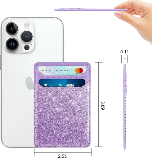 Self Adhesive Card Holders for Back of Phone, Leather RFID Phone Wallet Pockets Stick On, Credit Card Holders Sleeve for Phone Case, Glitter Purple