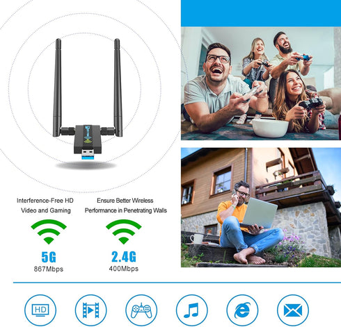 Wireless USB WiFi Adapter for PC, 1300Mbps Dual Band WiFi Dongle for Windows 11/10/8/7/Vista/XP