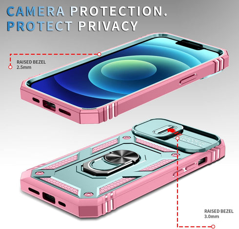 Case for iPhone 14, Shockproof Impact Resistant with Slide Lens Protective Cover, 6.1 inch (Pink Green)
