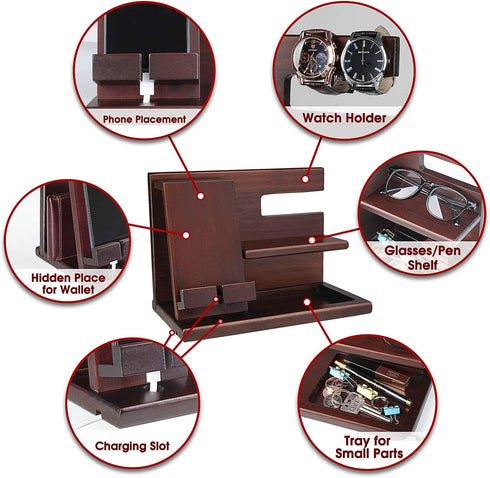 awofer Wood Phone Docking Station for Men - Wooden Nightstand Organizer - Personalized Idea for Him, Husband
