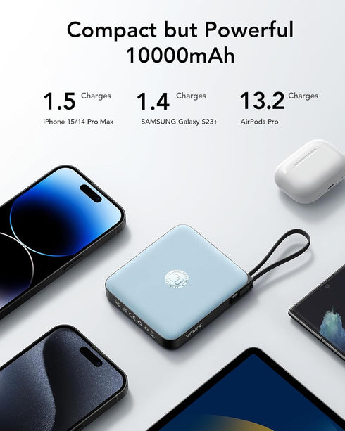 VRURC Portable Charger for iPhone, 10000mAh Power Bank with PD 20W Fast Charging and 4 Built-in Cords, Blue