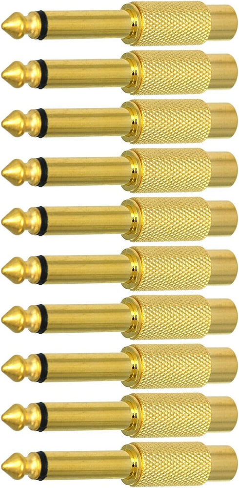 6.35mm 1/4" TS Plug to RCA Female Jack Adapter Connector - 10 Pack, Gold-Plated Mono Male to RCA Female