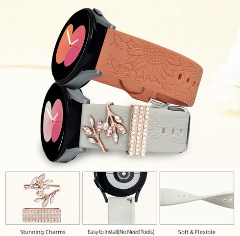 Bands for Samsung Galaxy Watch 7/6/5/4, 40mm 44mm with Charms, Women Flower Engraved Silicone Strap