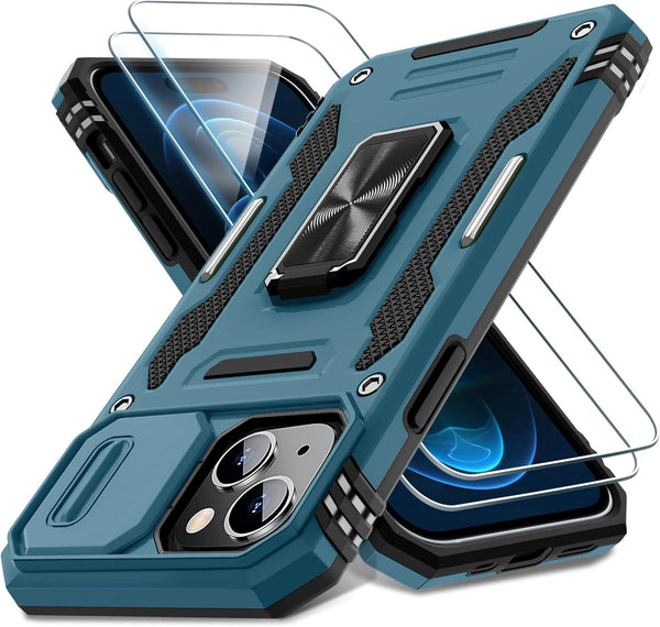 DEERLAMN Case for iPhone 15 with Slide Camera Cover + Screen Protector (2 Packs), Military Grade Shockproof - Light Blue