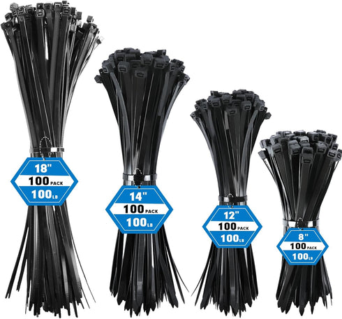 Zip Ties Assorted Sizes, RAZCC 400 Pack (8+12+14+18Inch) Black Cable Ties, Self-Locking