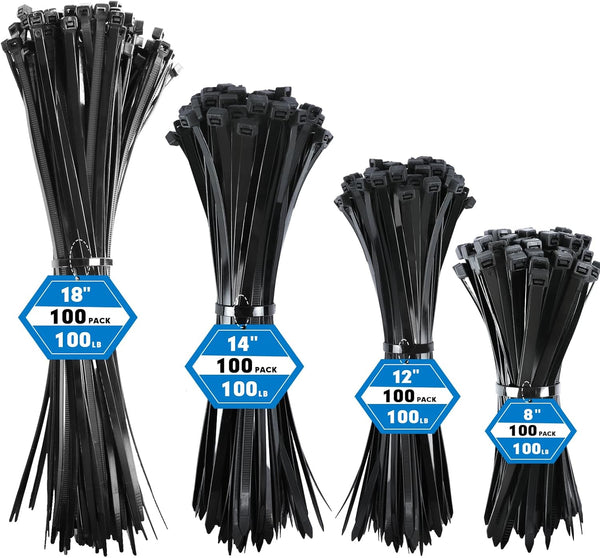 Zip Ties Assorted Sizes, RAZCC 400 Pack (8+12+14+18Inch) Black Cable Ties, Self-Locking