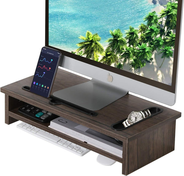 VECELO Wood Computer Monitor Stand Riser,TV/Laptop/Printer/PC Desk Shelf with Cellphone Holder and