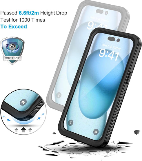 Lanhiem IP68 Waterproof Case for iPhone 15, Dustproof, Shockproof, Built-in Screen Protector, 6.1 inch, Black/Clear