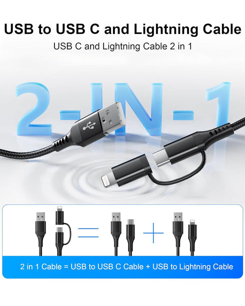 USB to USB C and Lightning Cable 6FT - Nylon Braided 2 in 1 Charging Cord for iPhone 15, Android Phones
