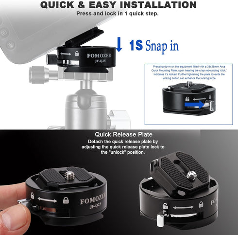 JF-Q2S Arca Type Camera Quick Release Plate Kit with Arca Swiss Peak Design Capture V3 Camera Clip, 1/4" 3/8" Thread