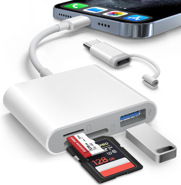 AkHolz SD Card Reader for iPhone iPad Built-in Lightening & USB-C Dual Connectors