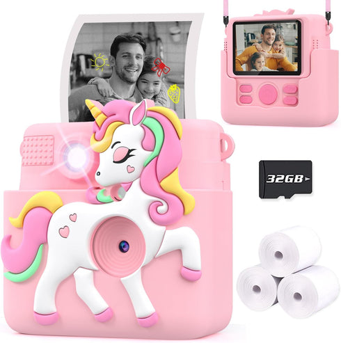 Kids Camera Instant Print - 1080P Digital Camera Toy with 32GB SD Card, Silicone Cover, Pink, Creative Gifts for Girls