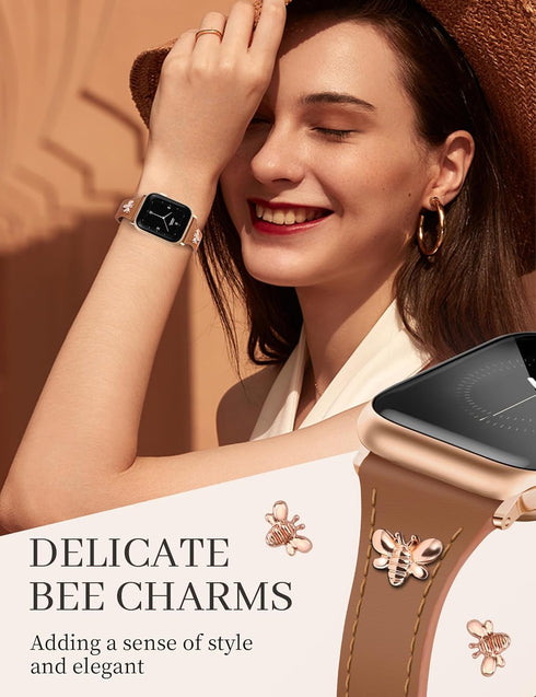 Slim Leather Bands with Charms for Women, Compatible with Apple Watch Band 38mm 40mm 41mm