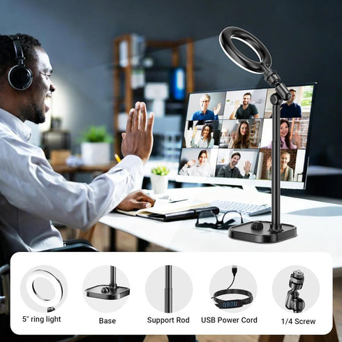 Mionondi 5 Ring Light for Desk, Portable Streaming Lights for Video Recording, Halo Lighting with Stand for Selfie