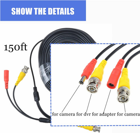 150ft Black Video Power BNC Cable Cord Lead Wires Replacement for Kguard CCTV DVR Security Cameras