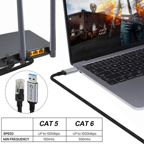 10 3.0 RJ45 10 11 USB to Ethernet Cable FT, USB A to Male Nylon Adapters, Gigabit Directly Connected, Compatible