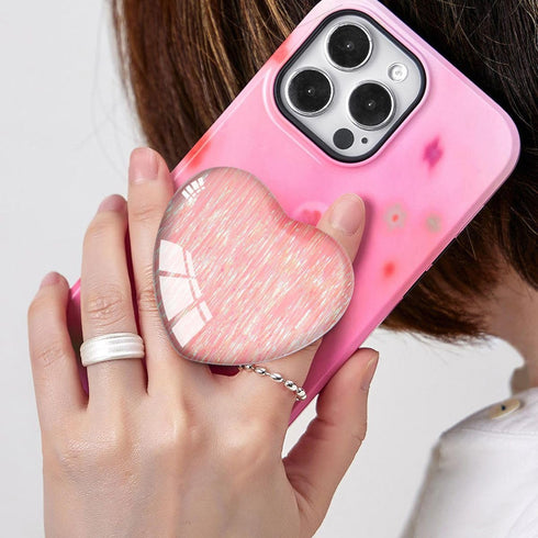 Expanding Cell Phone Grip Heart Shape Glass Finger Holder for Smartphones, Collapsible Stand - Pink Vertical Lines