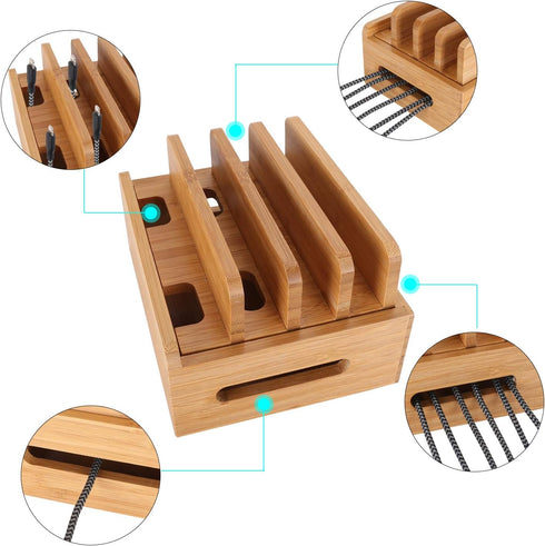 Bamboo Wood Multi-Device Desktop Dock Station Charger Holder Compatible for iPhone 13 12 11 Pro Max XS XR X 8 7 Plus.