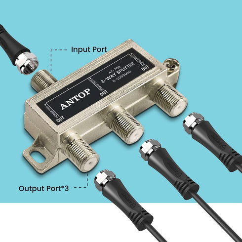 ANTOP 3-Way Coaxial Cable Splitter, 2GHz-5-2050MHz, Works with Satellite, HDTV, Antenna Signal, Silver Plated