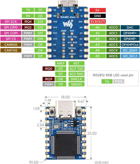 waveshare 2PCS RA4M1-Zero 32-Bit MCU-RA4M1, 48MHz Mini Development Board, Based on Operating Frequency, Built-in FPU