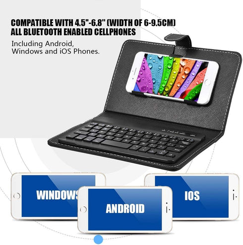 V BESTLIFE Portable Wireless Bluetooth Keyboard with Leather Case, Universal Portfolio Flip Case for 4.5''-6.8'' Phones