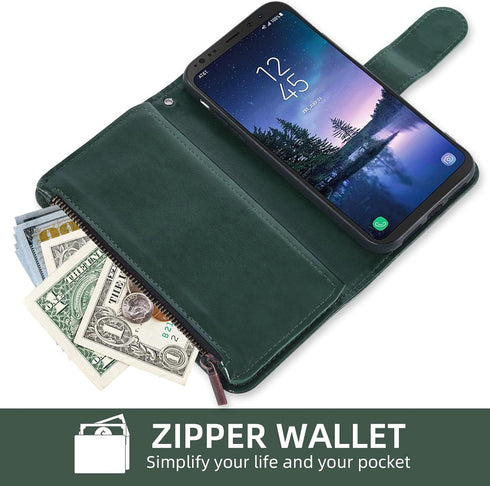 Asuwish Wallet Case for Samsung Galaxy S8 Active - Dark Green, with Tempered Glass Protector & Flower Flip Card Holder.