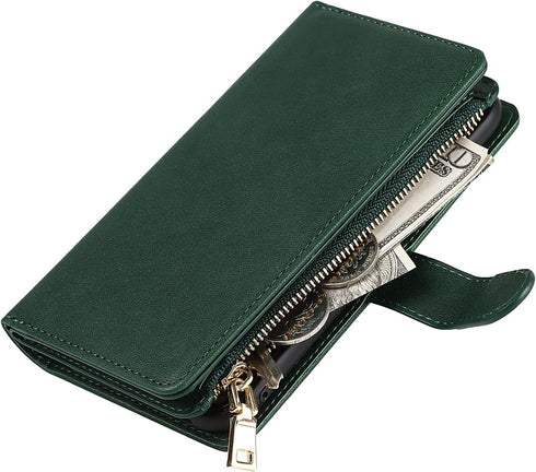 Jaorty Wallet Case for iPhone XR, 9 Card Slots, Wrist Strap, Zipper Cash Pocket, Shockproof Slim Case (Dark Green)