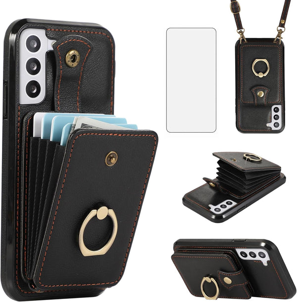 Asuwish Phone Case for Samsung Galaxy S22 Plus, Black, Wallet Cover with Screen Protector & Crossbody Strap