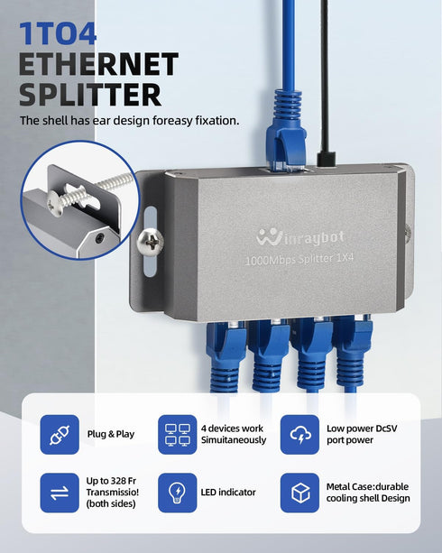 WinRaybot 4 1 4 PS5, 1000Mbps Port Gigabit Ethernet Splitter to - Powered Network Switch with Wall Mount Ears for Home