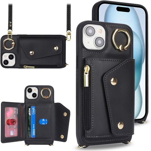 for iPhone 15 Plus Case with Card Holder and Strap - Zipper Pocket,Crossbody Lanyard Strap,Credit Card Holder,Stand Ring,Cute Phone Wallet Case for Women(Black,6.7 Inch)