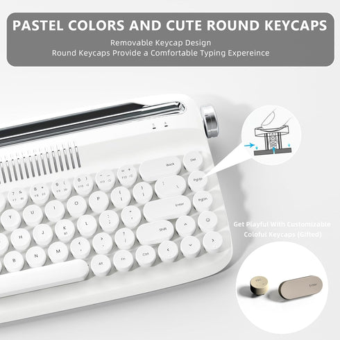 YUNZII Upgraded Wireless Keyboard, Retro Typewriter Style with Integrated Stand, USB-C/Bluetooth, Snow White