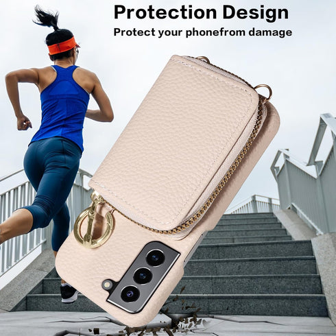 Furiet Wallet Case for Samsung Galaxy S21 5G, Shoulder Strap Ring Buckle, Luxury PU Leather Zipper Flip Organ Purse