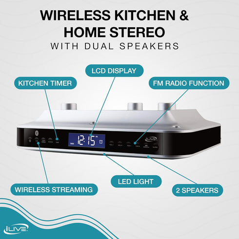 iLive Under The Counter Wireless Stereo Bluetooth Speaker with Digital Alarm Clock, Kitchen Timer, Dual HD Speakers