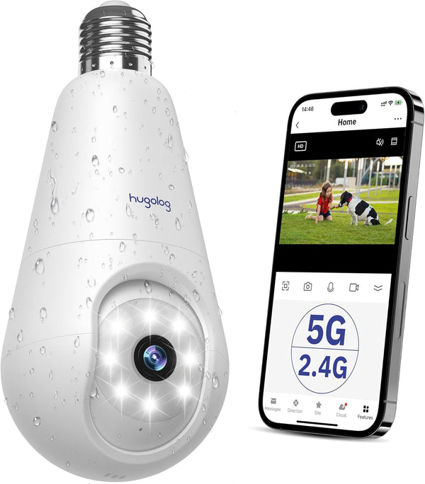 Hugolog 2K 3MP Light Bulb Security Camera, 5G & 2.4GHz WiFi, 360° Wireless Indoor Outdoor Camera with Motion Detection