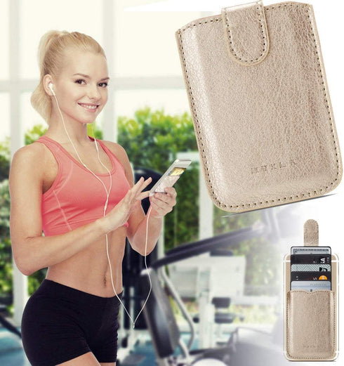 Phone Card Holder RFID Sleeve, PU Leather Back Stick-On Wallet for 5 Cards, Cash for iPhone/Android/Samsung (Gold)