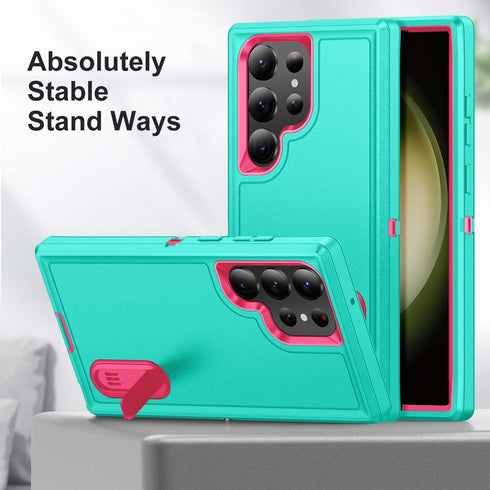 for Galaxy S24 Ultra Case S24 Ultra Case with Kickstand Case 3-Layer Military Grade Protective Case Cover Silicone Shockproof for Samsung Galaxy S24 Ultra Phone Case (Cyan+Rose Red)