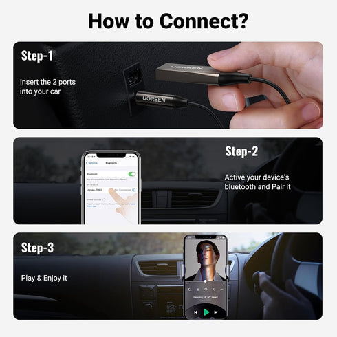 UGREEN Bluetooth 5.3 Adapter for Car Aux Input - Receiver with Built-in Mic for Hands-Free Calls