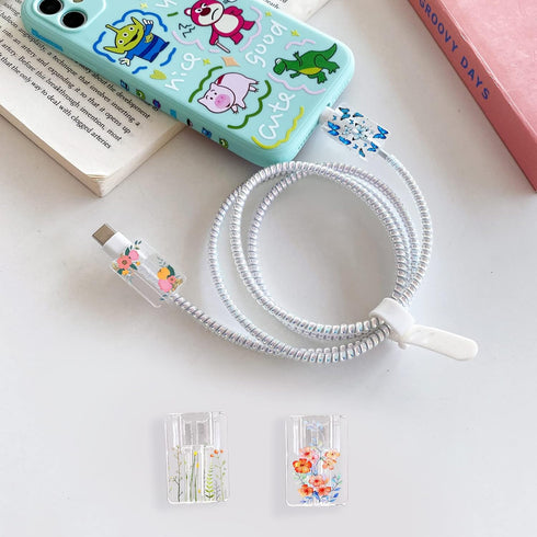 Cute Floral Cable Protector for iPhone Charger Red Rose Wild Flower Bouquet Butterfly Cherry Blossoms Pattern 4 pcs Set Charging Cord Phone Saver