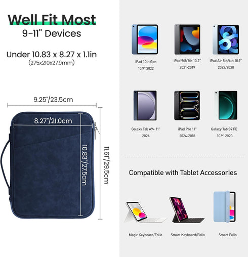 DTTO 9-11 Inch Tablet Sleeve Bag, Waterproof Travel Case for iPad Air M2, iPad Pro M4, Galaxy Tab A9+, Navy Blue