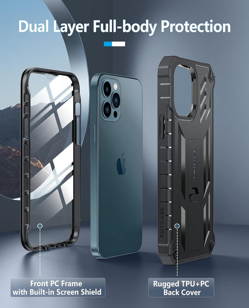 FNTCASE iPhone 12 Pro Max Case: Rugged Shockproof TPU, Military Grade Drop Protection, Matte Finish, Kickstand - Black