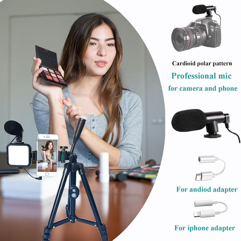 Vlogging Kit for YouTube, iPhone & Android Phone, Includes Two Tripods, Light, Microphone, Remote, and Jack Adapter