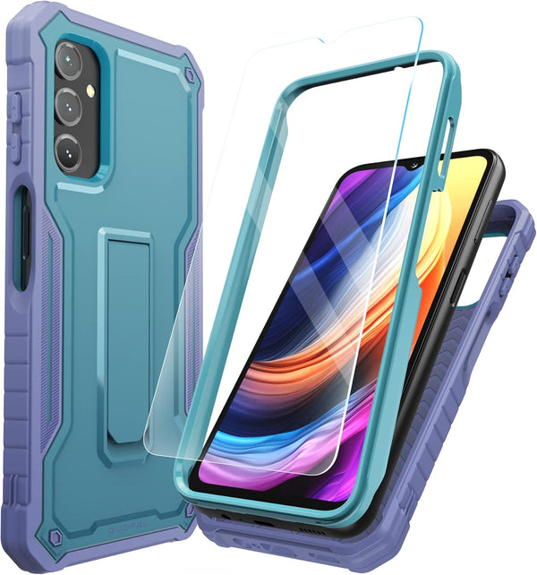 DUOPAL Galaxy A14 Case: Military Grade Shockproof Protection, HD Tempered Glass, Kickstand, 6.8" (Purple Blue)
