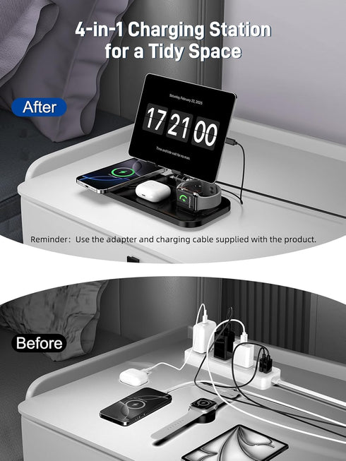 doeboe 4 1 16/15/14, 10/9/8, 2 in Wireless Charging Station with Stand for iPhone Apple Watch AirPods Pro | Foldable