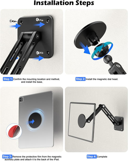 CloudValley 360Rotating 4.7-13" Foldable iPad Wall Mount Holder Compatible with MagSafe, with Base Adjustable Tablet
