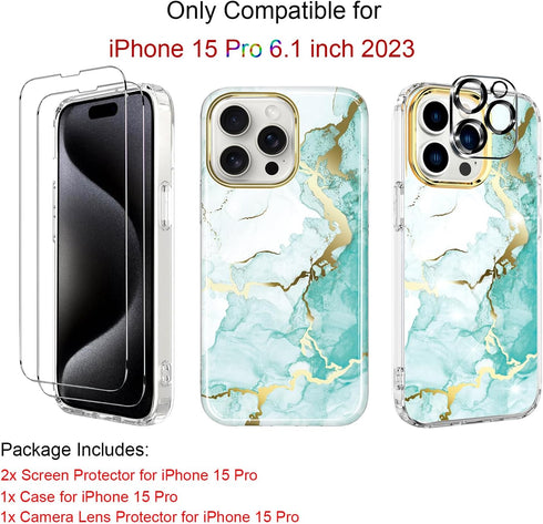 BAISRKE Clear Case Design for iPhone 15 Pro 6.1 inch, with 2 Pack Screen Protectors + 1 Pack Camera Lens Protector Slim Shockproof Women Cute Bumper Cover 6.1" 2023 (Green Marble)